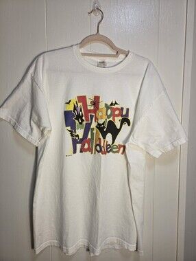 Vintage 90s Southpoint Fruit of the Loom Happy Halloween Black Cat T-Shirt XL